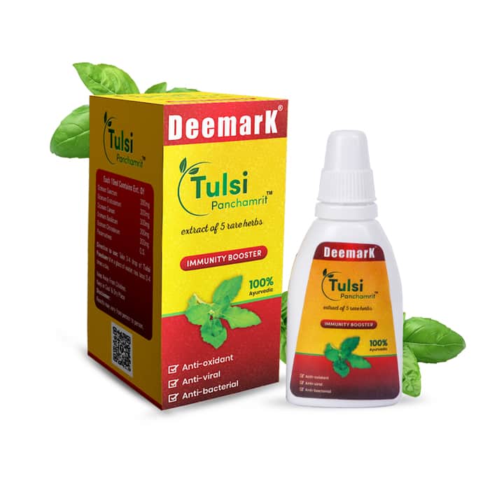 A bottle of ayurvedic tulsi drops with a box on side with deemark tulsi panchamrit drops.