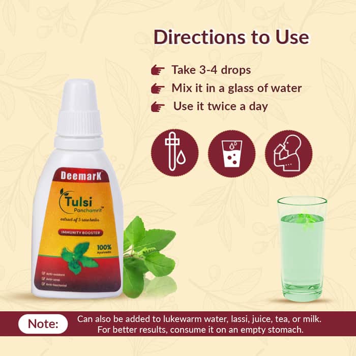 Steps to Use Tulsi Ark Drops in Routine from Deemark with a glass of water shown on the side.